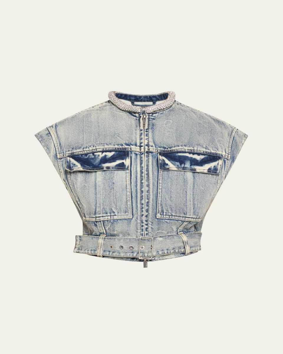 Crystal-Neck Denim Crop Vest